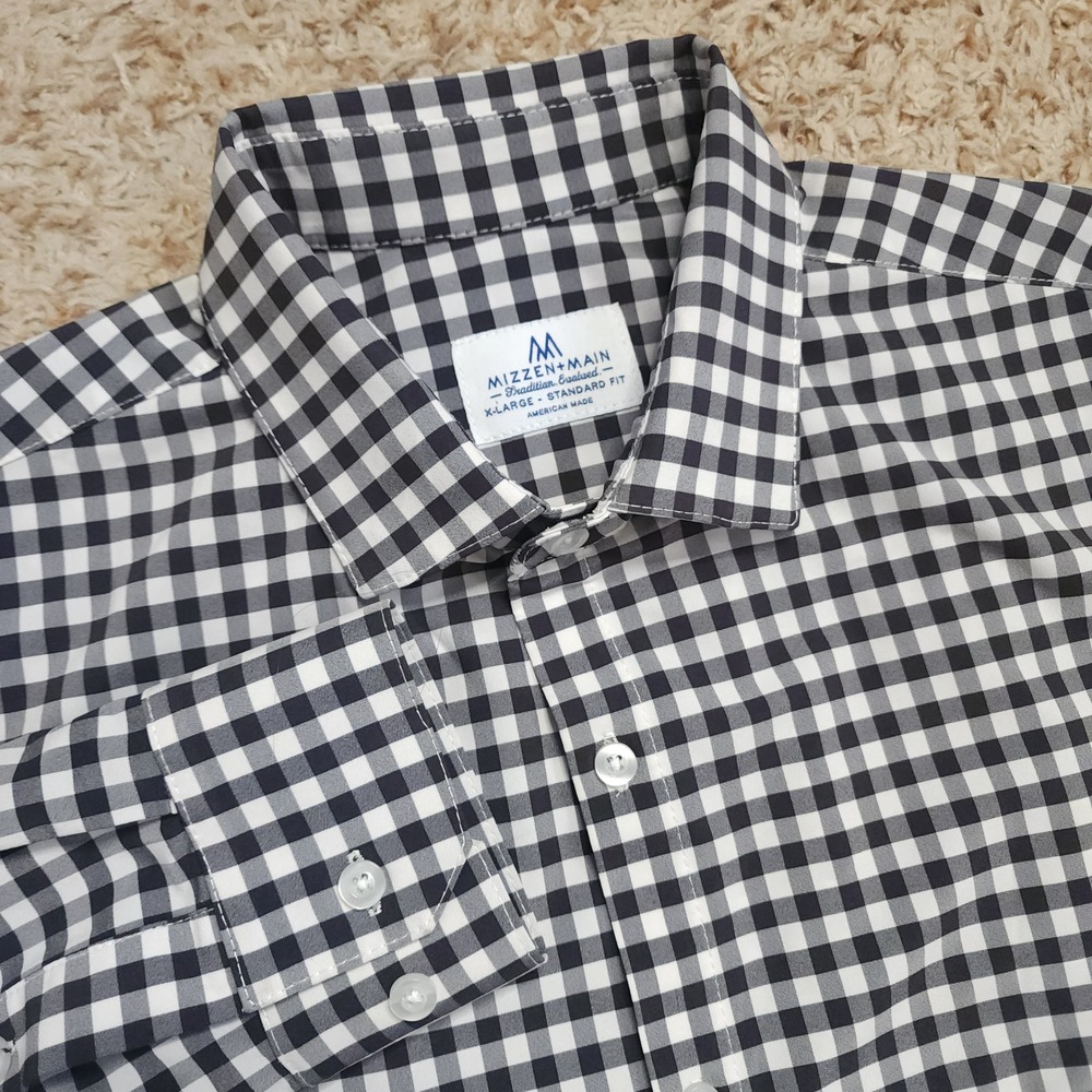 Mizzen+Main Dress Shirt Mens XL Navy White Gingham Standard Fit Performance Long